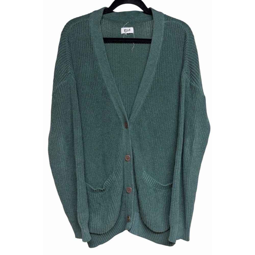 PACT Organic Button Up Long Chuncky Fisherman Cardigan Green Women's Size Large